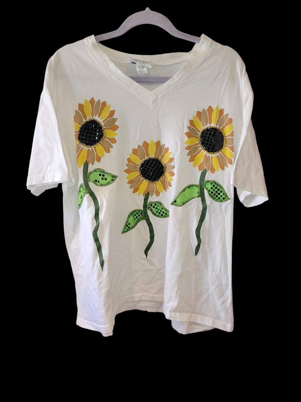Classy LadyWhite  Sunflower V-Neck Tee with Sunflower Vtg 90s Sz XL
